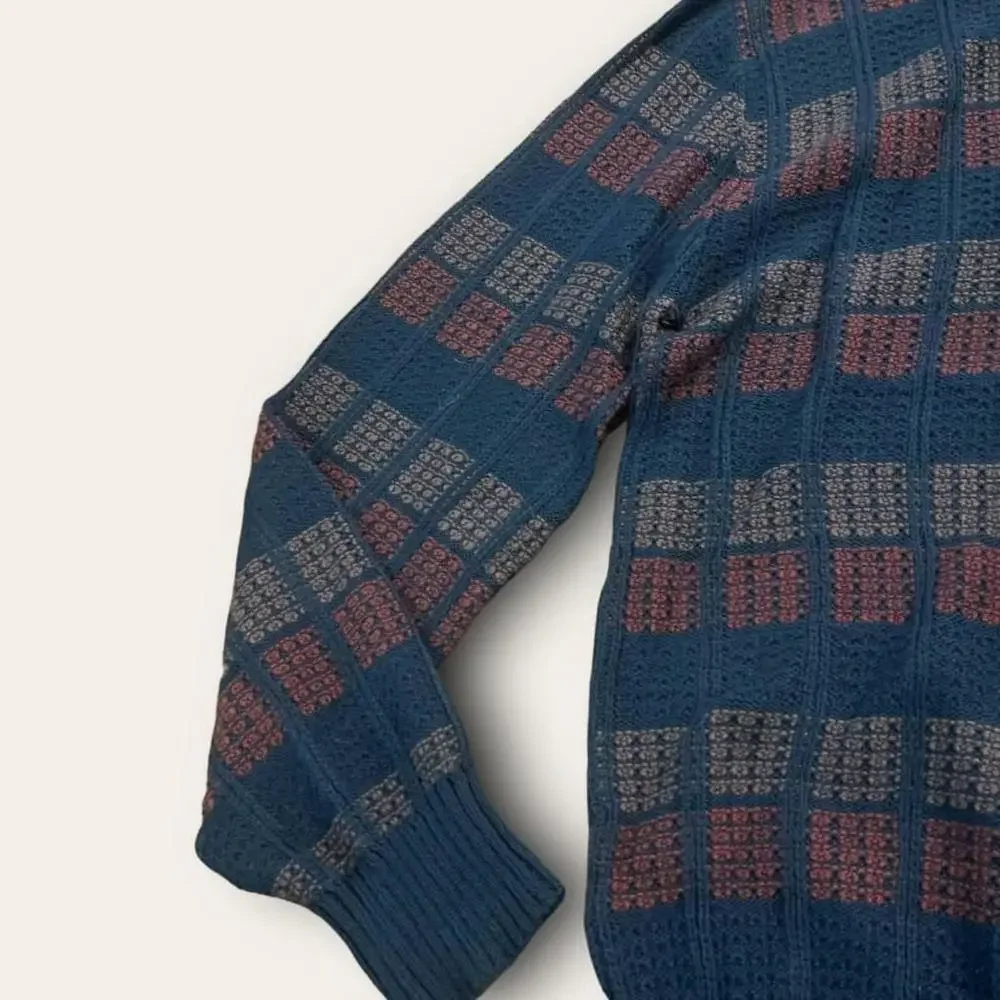 Vintage Checkered Patterned Sweater 1980s Jean Michaud Pullover Buttons Size Med - Picture 2 of 6